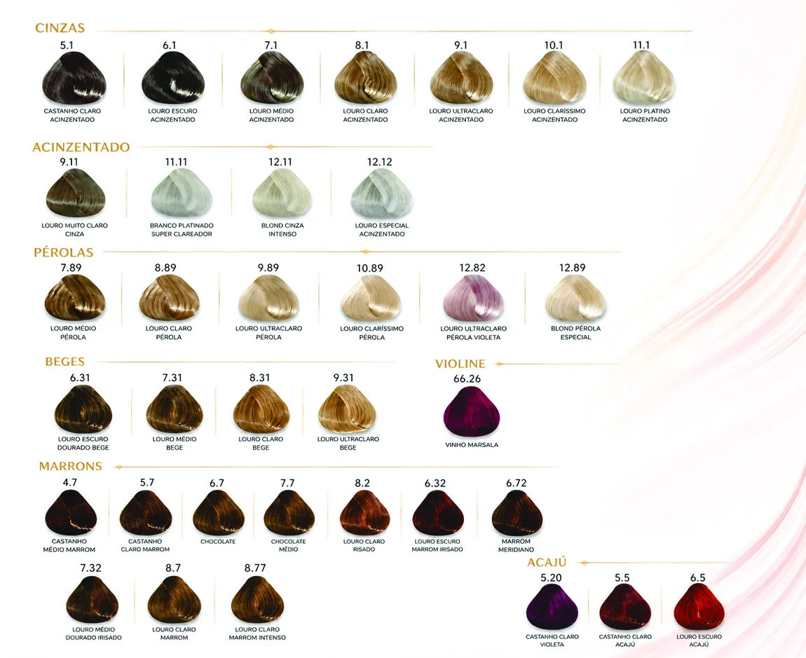 Cartela de Cores MY LIZ Evolution — Cinzas, Acinzentado, Pérolas, Beges, Violine, Marrons e Acajú