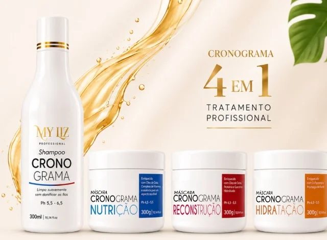 Kit MY LIZ Cronograma Capilar 4 em 1 — Shampoo 300ml e Máscaras Nutrição, Reconstrução e Hidratação 300g