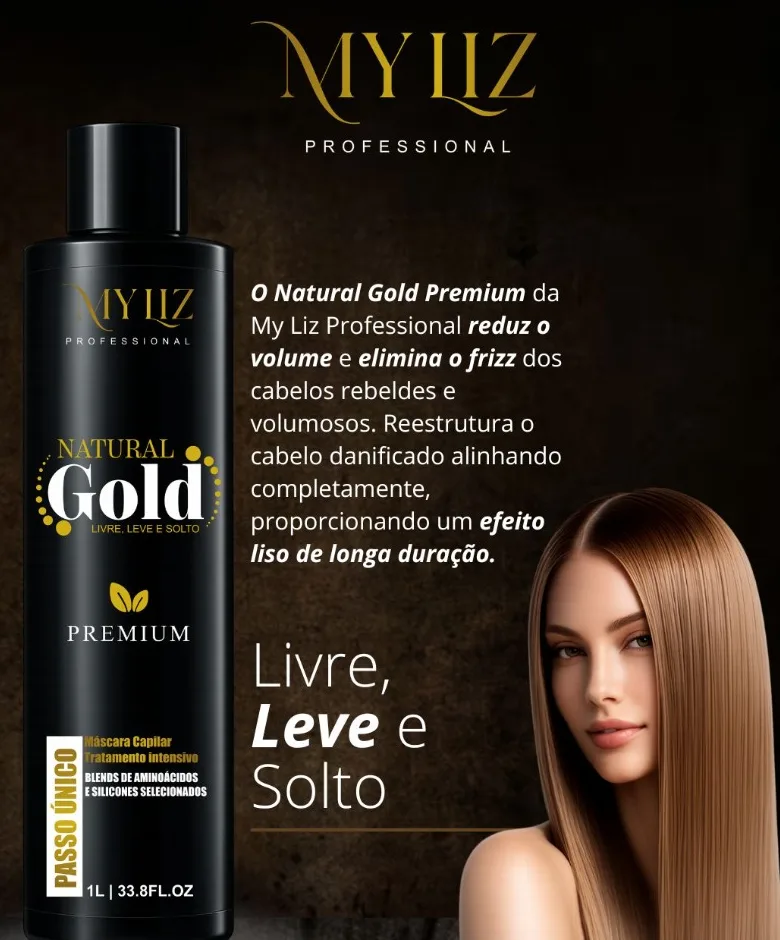MY LIZ Natural Gold Premium 1L — Máscara Capilar Tratamento Intensivo Passo Único Alinhamento e Anti-Frizz